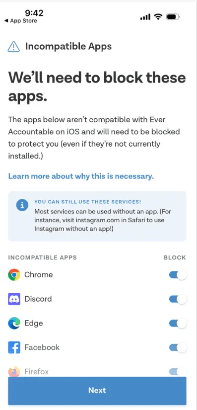 Screenshot how to block apps in iOS on Ever Accountable
