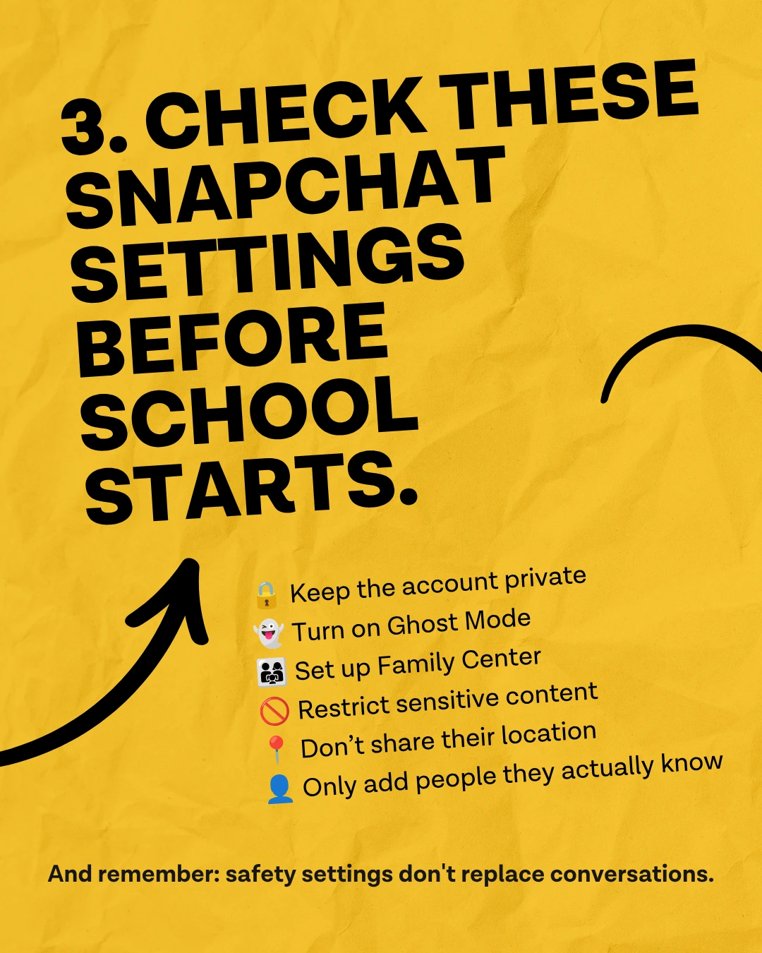 Yellow infographic slide: Check these Snapchat settings before school starts. Keep the account private, turn on Ghost Mode, set up Family Center, restrict sensitive content, don't share their location, only add people they actually know. And remember: safety settings don't replace conversations - Ever Accountable Snapchat safety guide