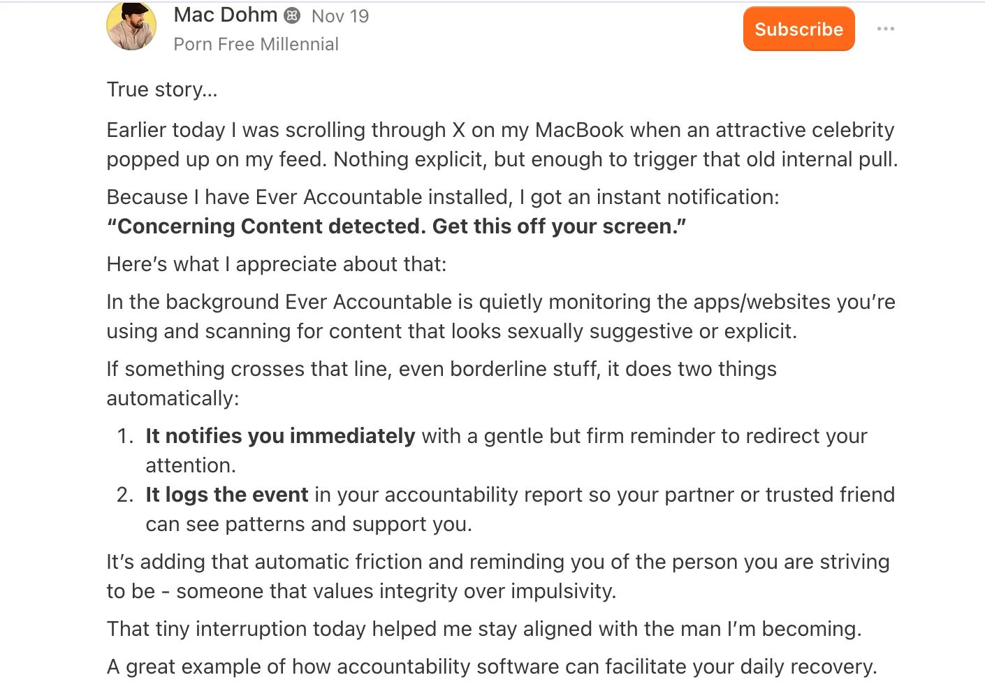 Mac Dohm's Substack post about Ever Accountable